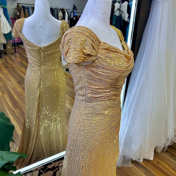 Gold Sequin Super Sexy Maxi Gown Ruched Draped Formal Coquette Dress Train S M - Picture 7 of 11